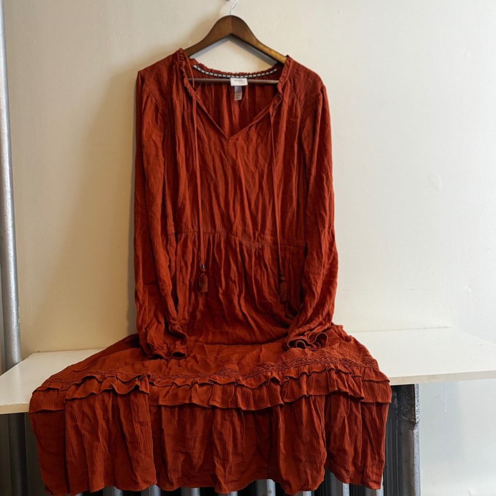 Knox Rose Women's Sz XXL Rust Orange Tiered Midi Dress Lace Fall Boho Indie